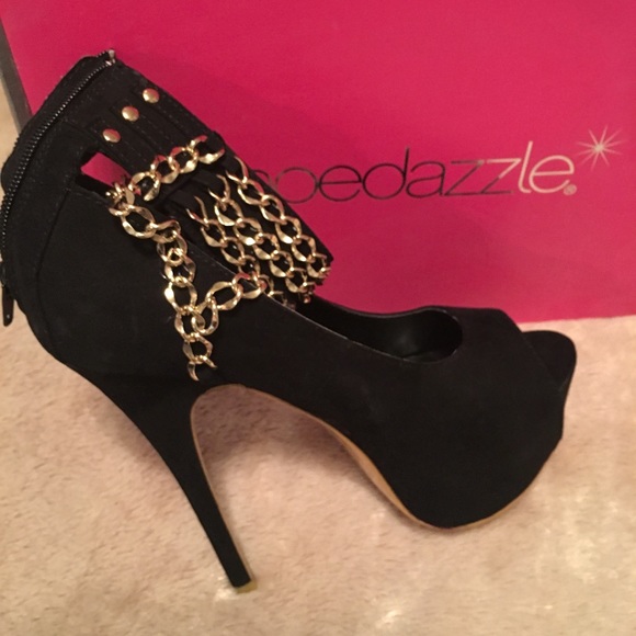 black and gold chain heels